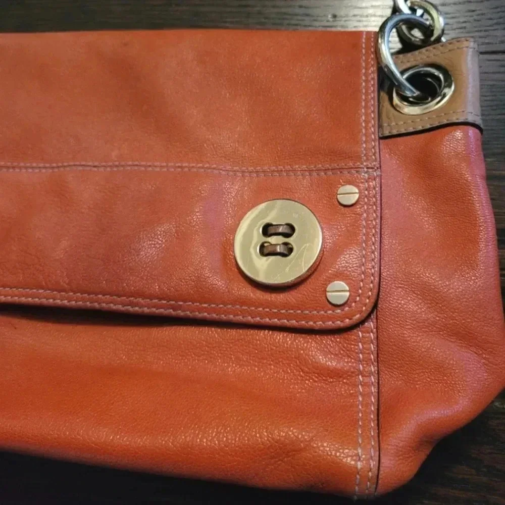 MILLY Orange tan soft leather gold chain link shoulder bag purse contemporary